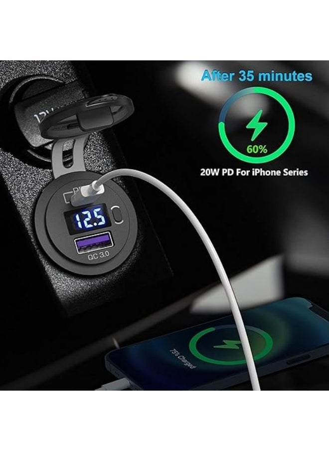 Generic - USB C Car Charger Socket, 12V 24V Dual USB Outlet Port Type C PD3.0 QC3.0, Car USB Port with LED Voltmeter and ON Off Switch, for All Vehicles Car Boat Marine Bus - Image 1