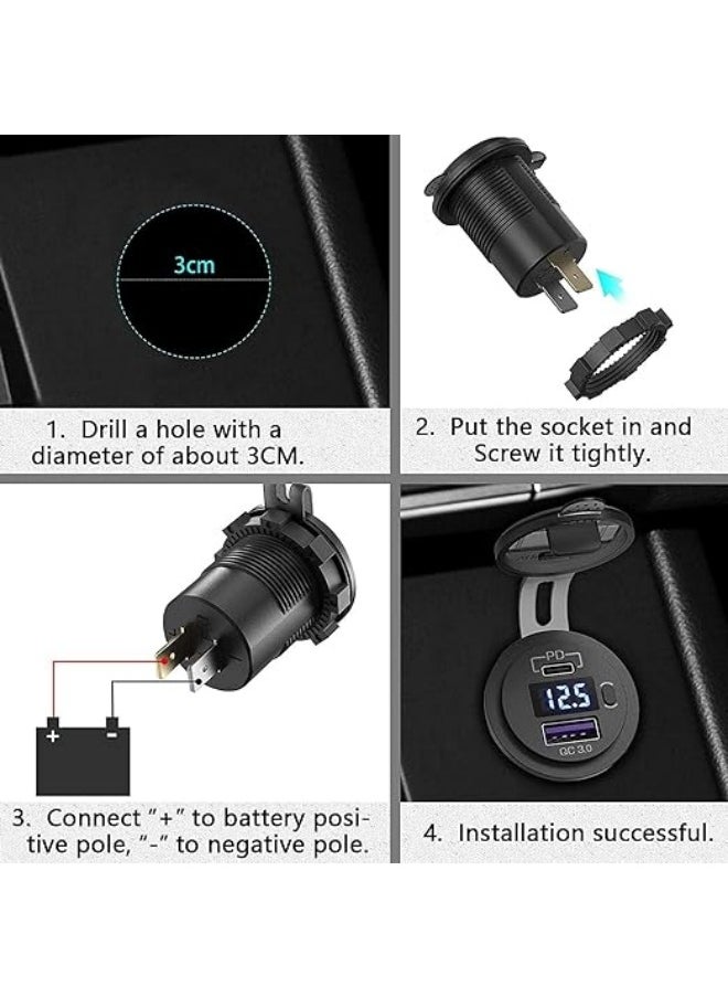 Generic - USB C Car Charger Socket, 12V 24V Dual USB Outlet Port Type C PD3.0 QC3.0, Car USB Port with LED Voltmeter and ON Off Switch, for All Vehicles Car Boat Marine Bus - Image 1