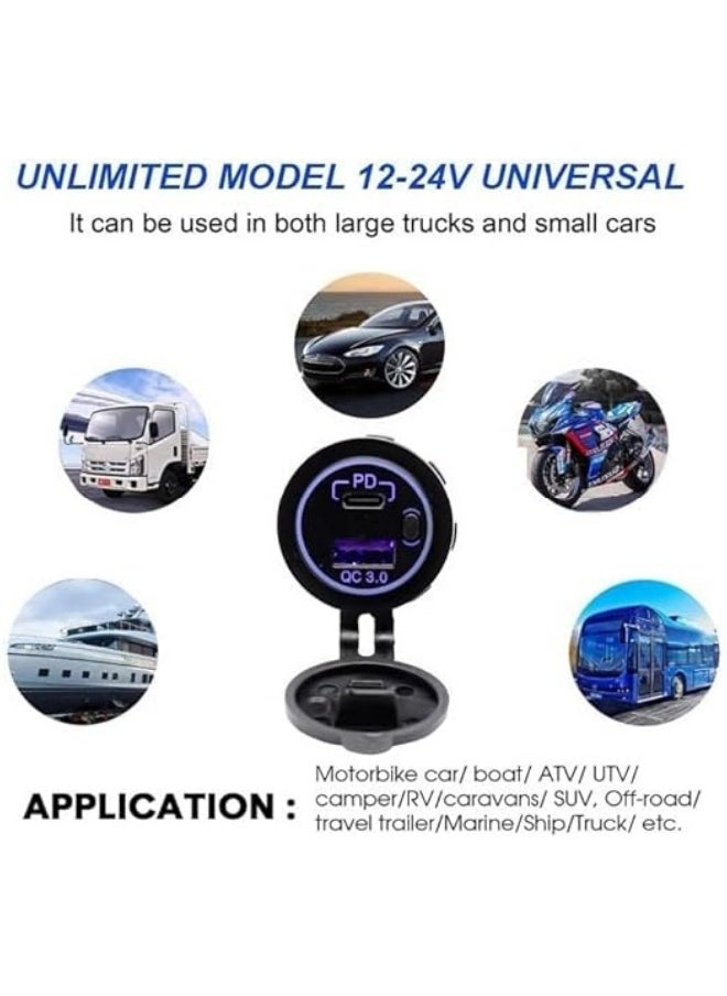 Generic - USB C Car Charger Socket, 12V 24V Dual USB Outlet Port Type C PD3.0 QC3.0, Car USB Port with LED Voltmeter and ON Off Switch, for All Vehicles Car Boat Marine Bus - Image 1