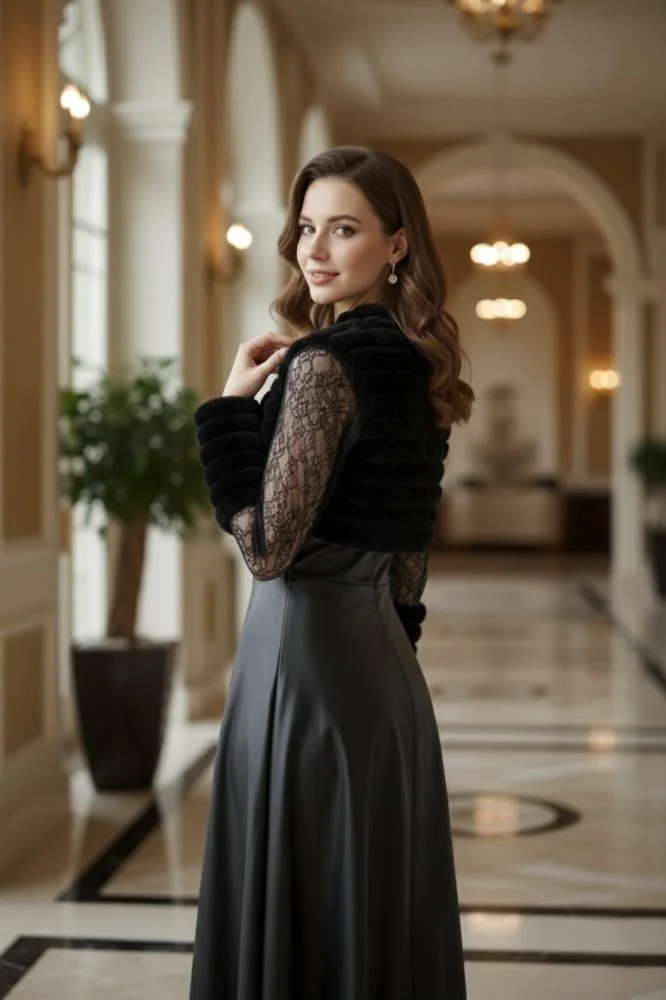 Opera Fashion Black Shiny Crystal Dress with Lace Jacket and Faux Fur