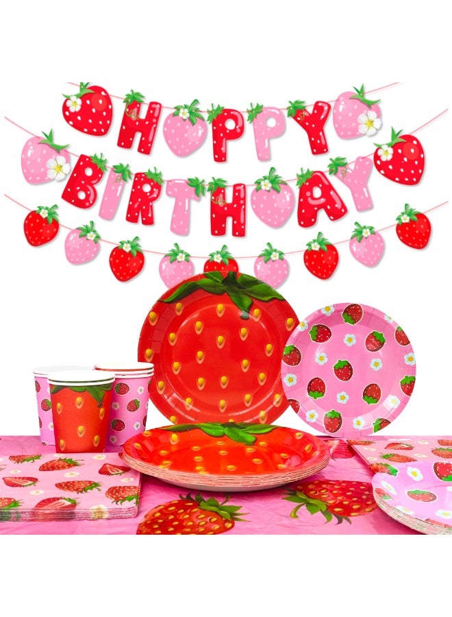 FRUITFUL PARTY Strawberry Birthday Disposable Tableware Set for 16 Guests,  Strawberry Party Decorations Strawberry Party Plates Napkins Cups Tablecloth - Image 1