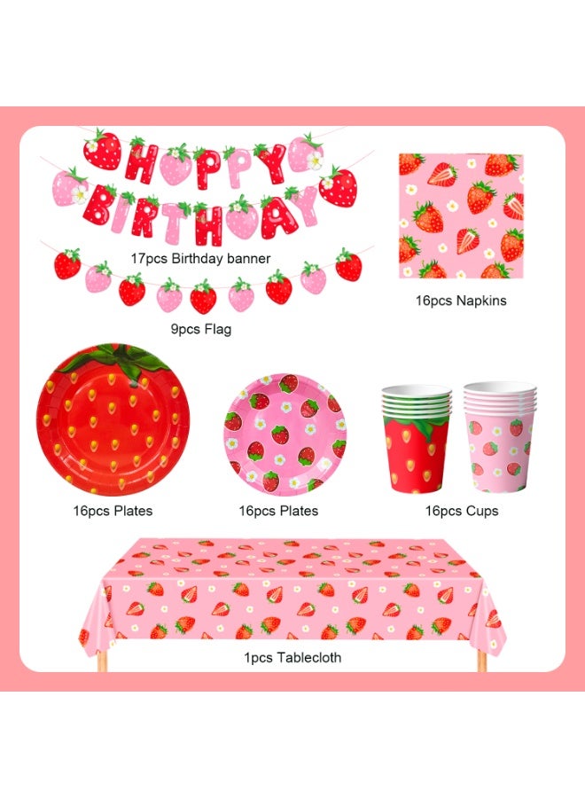 FRUITFUL PARTY Strawberry Birthday Disposable Tableware Set for 16 Guests,  Strawberry Party Decorations Strawberry Party Plates Napkins Cups Tablecloth - Image 3