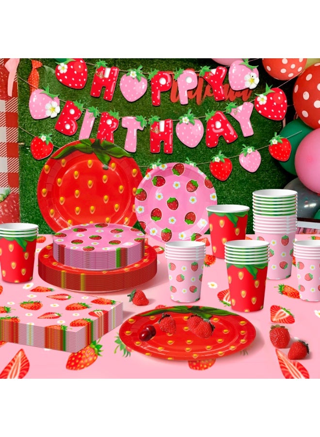 FRUITFUL PARTY Strawberry Birthday Disposable Tableware Set for 16 Guests,  Strawberry Party Decorations Strawberry Party Plates Napkins Cups Tablecloth - Image 5