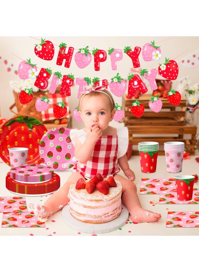 FRUITFUL PARTY Strawberry Birthday Disposable Tableware Set for 16 Guests,  Strawberry Party Decorations Strawberry Party Plates Napkins Cups Tablecloth - Image 4
