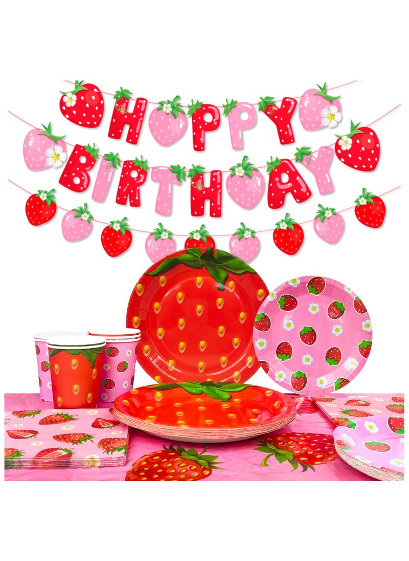 FRUITFUL PARTY Strawberry Birthday Disposable Tableware Set for 16 Guests,  Strawberry Party Decorations Strawberry Party Plates Napkins Cups Tablecloth  - Image 1