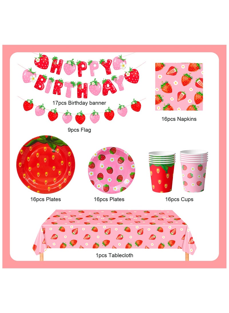 FRUITFUL PARTY Strawberry Birthday Disposable Tableware Set for 16 Guests,  Strawberry Party Decorations Strawberry Party Plates Napkins Cups Tablecloth  - Image 2
