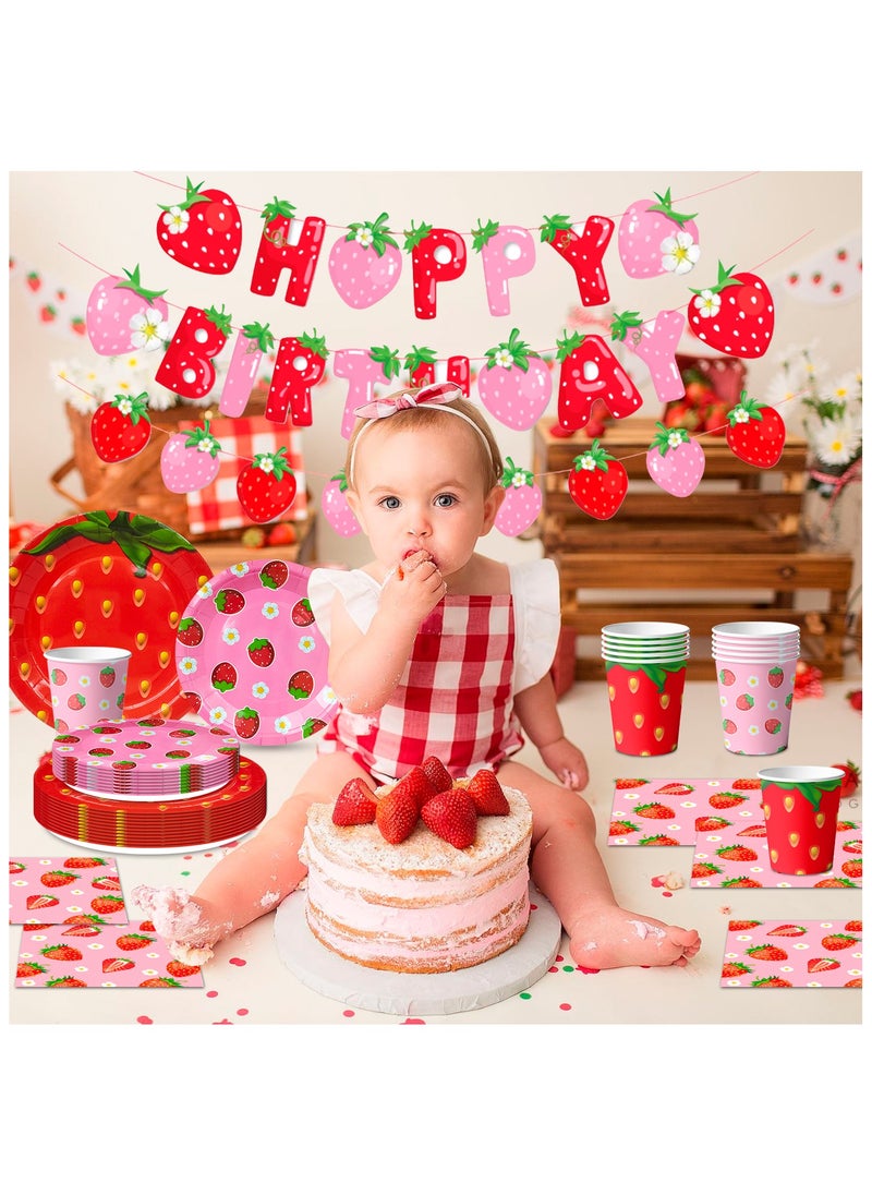 FRUITFUL PARTY Strawberry Birthday Disposable Tableware Set for 16 Guests,  Strawberry Party Decorations Strawberry Party Plates Napkins Cups Tablecloth  - Image 4