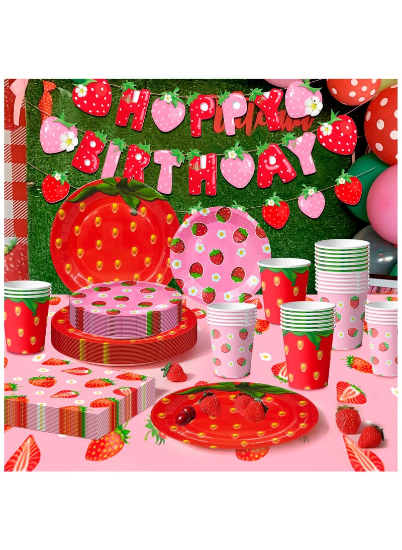 FRUITFUL PARTY Strawberry Birthday Disposable Tableware Set for 16 Guests,  Strawberry Party Decorations Strawberry Party Plates Napkins Cups Tablecloth  - Image 5