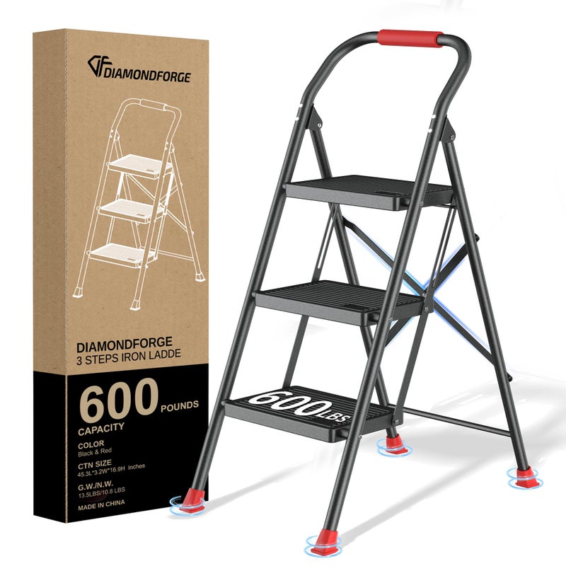 DIAMONDFORGE Step Ladder Foldable Folding Stool - for Home Adults Kitchen 3 Stepping Extension Tall Heavy Duty with Handrails - Closet Stepstool Stair Ladders Extendable Stepladder for Indoor House 600Lbs - Image 1