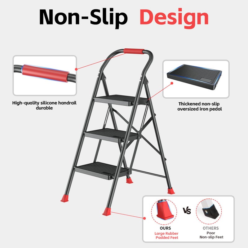 DIAMONDFORGE Step Ladder Foldable Folding Stool - for Home Adults Kitchen 3 Stepping Extension Tall Heavy Duty with Handrails - Closet Stepstool Stair Ladders Extendable Stepladder for Indoor House 600Lbs - Image 4