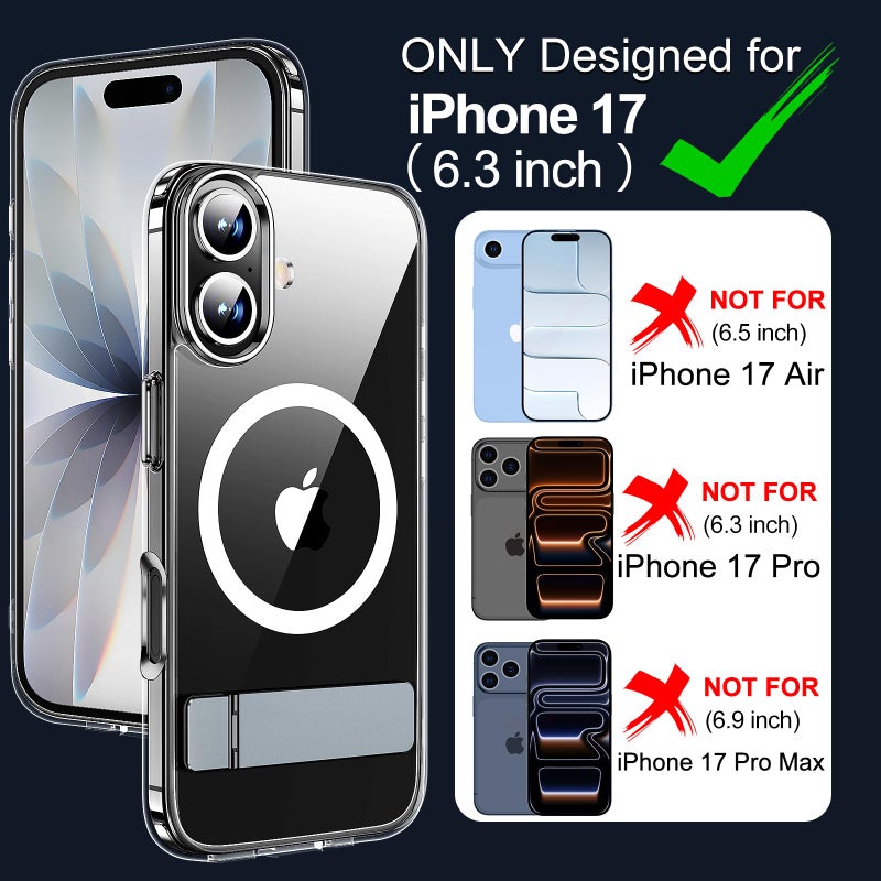 xiwxi for iPhone 17 Case with Kickstand,[Compatible with Magsafe][1*Screen Protector],Military-Grade Protection & Anti-Yellowing,Magnetic Phone Case for iPhone 17,Clear - Image 2