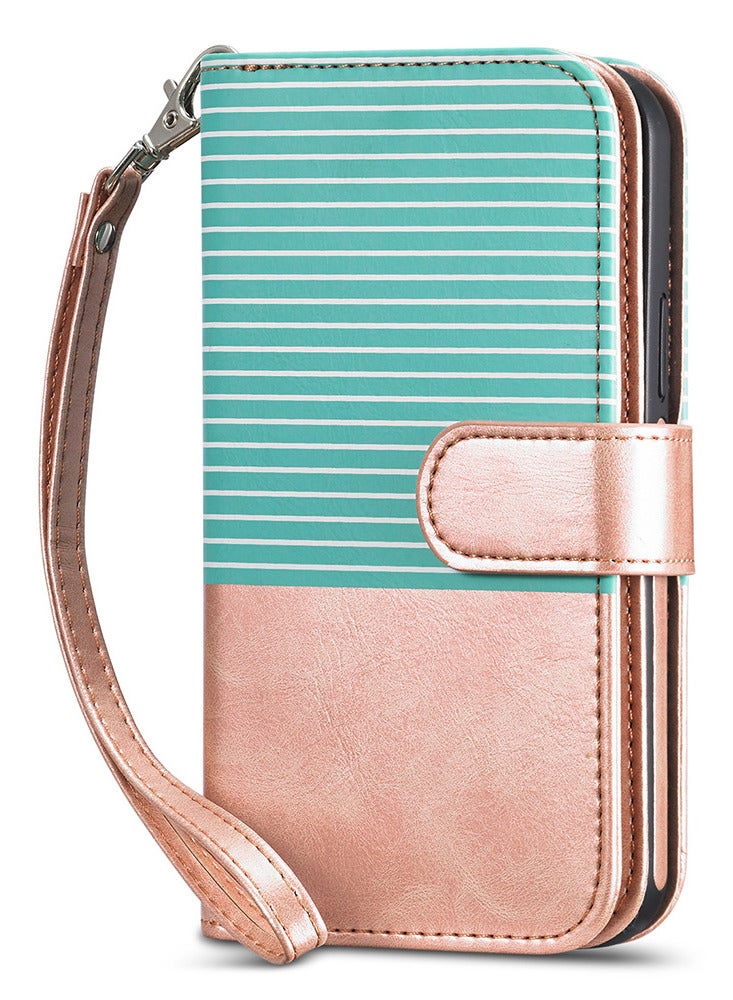 CATANES (for iPhone 12 Mini) Wallet Case Leather Cover, ID Credit Holder Folio Flip Wallet case with Unique Design Gold/Blue - Image 3