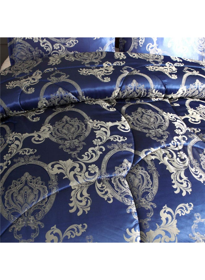 Raytrue-X Comforter Set Satin Silk Blanket All Season Bed Luxury Royal Blue Jacquard Quilt Bedding Sets Matching 2 Pillow Shams (Full/Queen, 88x88 inches, 3 Pieces) - Image 2