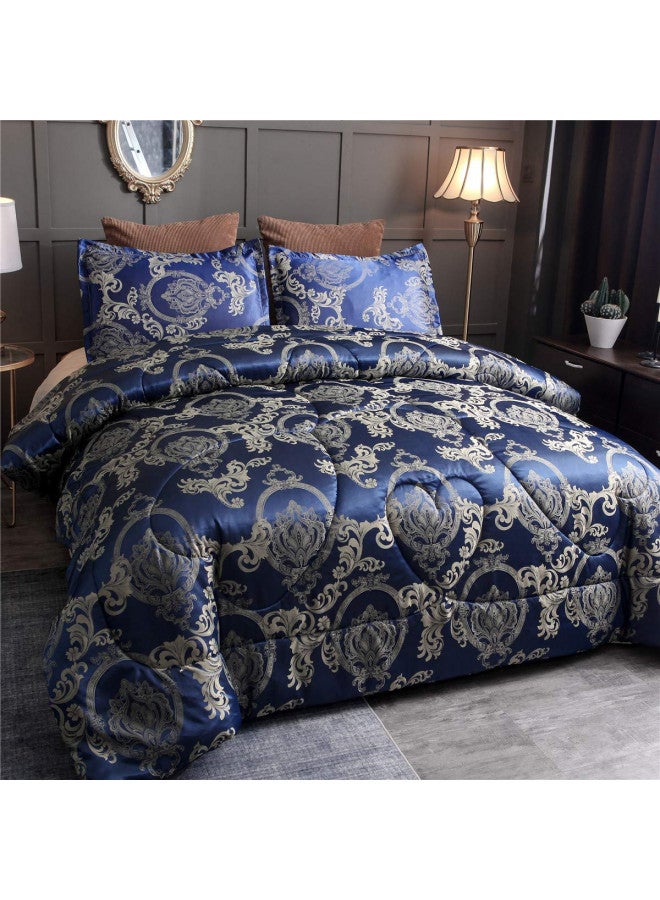 Raytrue-X Comforter Set Satin Silk Blanket All Season Bed Luxury Royal Blue Jacquard Quilt Bedding Sets Matching 2 Pillow Shams (Full/Queen, 88x88 inches, 3 Pieces) - Image 1