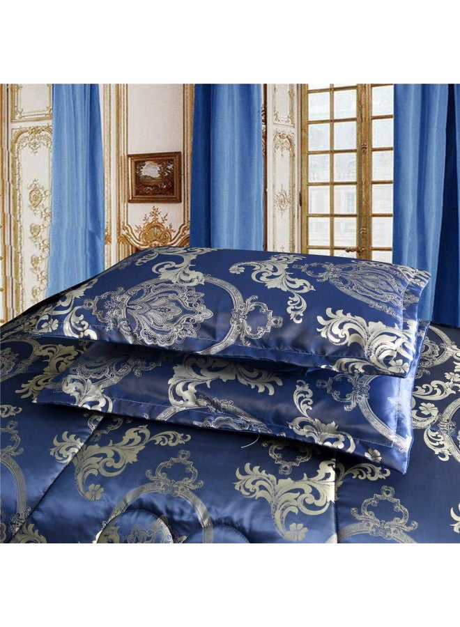Raytrue-X Comforter Set Satin Silk Blanket All Season Bed Luxury Royal Blue Jacquard Quilt Bedding Sets Matching 2 Pillow Shams (Full/Queen, 88x88 inches, 3 Pieces) - Image 4