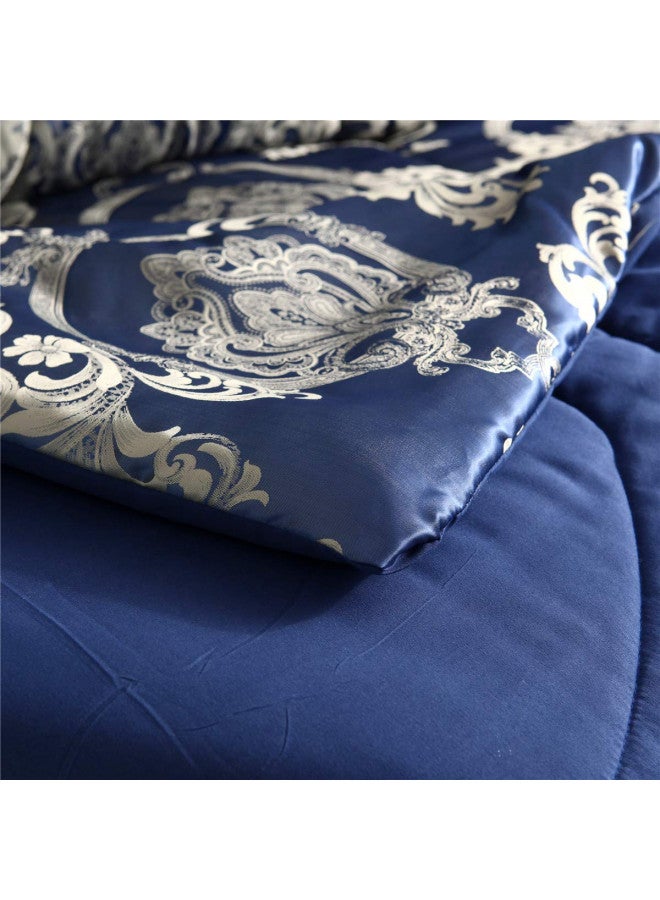 Raytrue-X Comforter Set Satin Silk Blanket All Season Bed Luxury Royal Blue Jacquard Quilt Bedding Sets Matching 2 Pillow Shams (Full/Queen, 88x88 inches, 3 Pieces) - Image 3