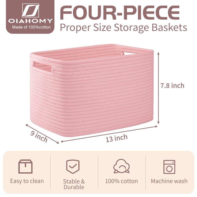 OIAHOMY 4 Pack Storage Baskets for Organizing, Cube Storage Bins for Shelves, Rectangle Storage Baskets With Handles, Woven Baskets for Storage, 12.7''Lx9''Wx7.8''H, Pink - Image 2