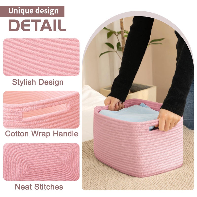 OIAHOMY 4 Pack Storage Baskets for Organizing, Cube Storage Bins for Shelves, Rectangle Storage Baskets With Handles, Woven Baskets for Storage, 12.7''Lx9''Wx7.8''H, Pink - Image 3