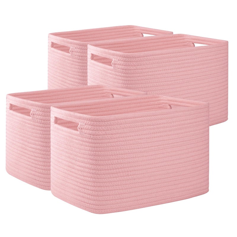 OIAHOMY 4 Pack Storage Baskets for Organizing, Cube Storage Bins for Shelves, Rectangle Storage Baskets With Handles, Woven Baskets for Storage, 12.7''Lx9''Wx7.8''H, Pink - Image 1