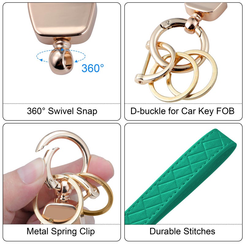 Weixiltc Leather Wristlet Keychain, Car Key Chain Holder with 2 Key Ring and Anti-Lost D Ring, Key Fob Wristband for Women (Green) - Image 3