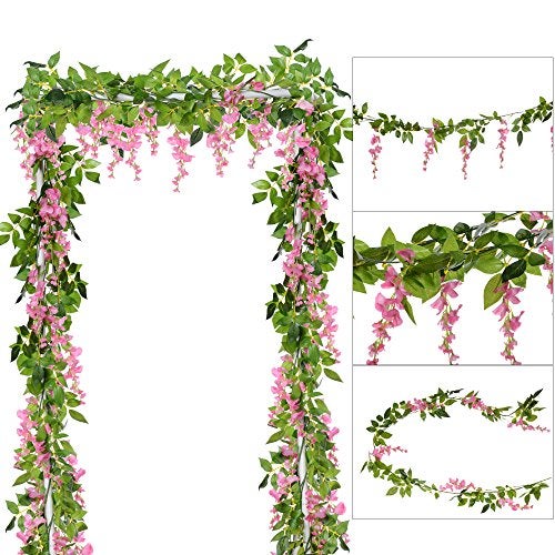DearHouse 4Pcs 66FtPiece Artificial Flowers Silk Wisteria Garland Artificial Wisteria Vine Rattan Silk Hanging Flower for Home Garden Outdoor Ceremony Wedding Arch Floral DecorPink - Image 1