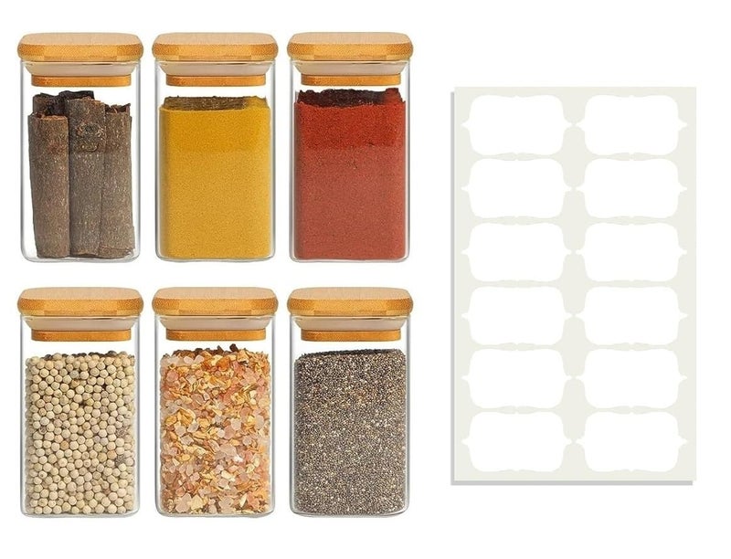 PAKSH NOVELTY Airtight Glass Storage Canisters with Bamboo Lid | Multipurpose Transparent Jars for Kitchen & Home Use | Various Sizes & Shapes | Set of 6 (SQUARE 270ML 6 JAR) - Image 1