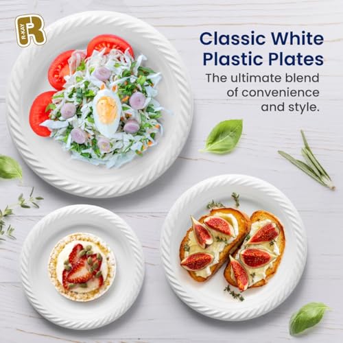 R-kay 100 Pack 9 Inch Plastic Plates Disposable - Heavy Duty 9 Inch White Disposable Plates - Microwavable Disposable Plastic Plates - Image 3