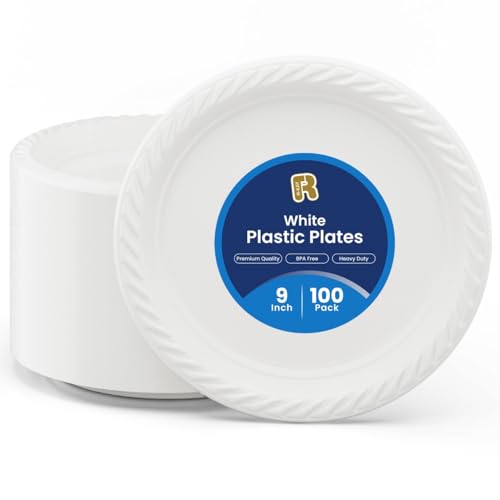 R-kay 100 Pack 9 Inch Plastic Plates Disposable - Heavy Duty 9 Inch White Disposable Plates - Microwavable Disposable Plastic Plates - Image 1