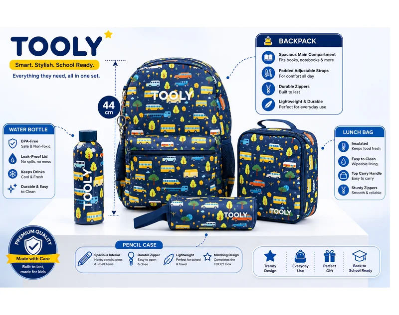 TOOLY 4-Piece Kids School Backpack Set – 44cm Backpack with Insulated Lunch Bag, Pencil Case & BPA-Free Water Bottle | Lightweight, Durable & Back-to-School Essentials