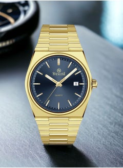 Gold bracelet and navy blue dial