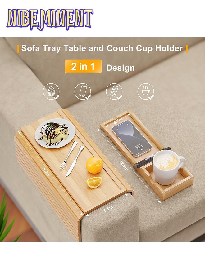 NIBEMINENT Bamboo Sofa Armrest Tray - Couch Arm Tray with Detachable Couch Cup Holder - 2 in 1 Anti-Slip Foldable Sofa Armchair Caddy Table for Drinks Cellphone TV Remote Snacks - Image 3