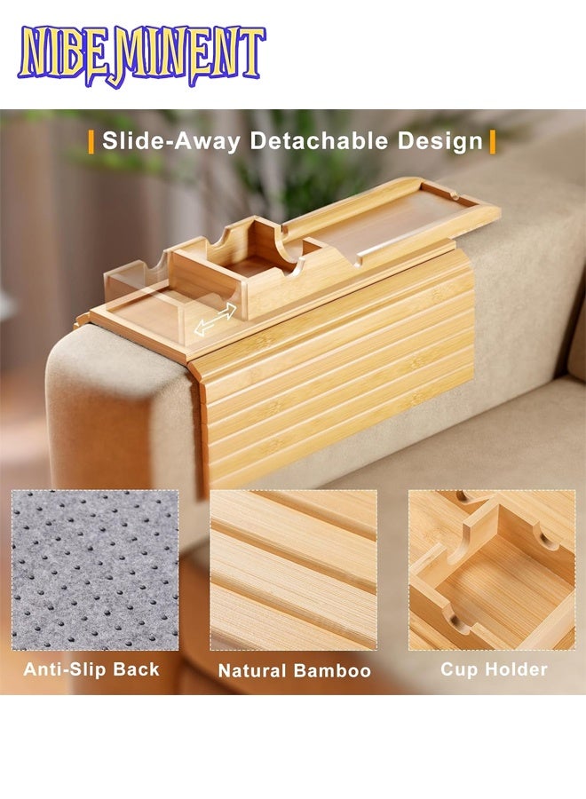 NIBEMINENT Bamboo Sofa Armrest Tray - Couch Arm Tray with Detachable Couch Cup Holder - 2 in 1 Anti-Slip Foldable Sofa Armchair Caddy Table for Drinks Cellphone TV Remote Snacks - Image 2