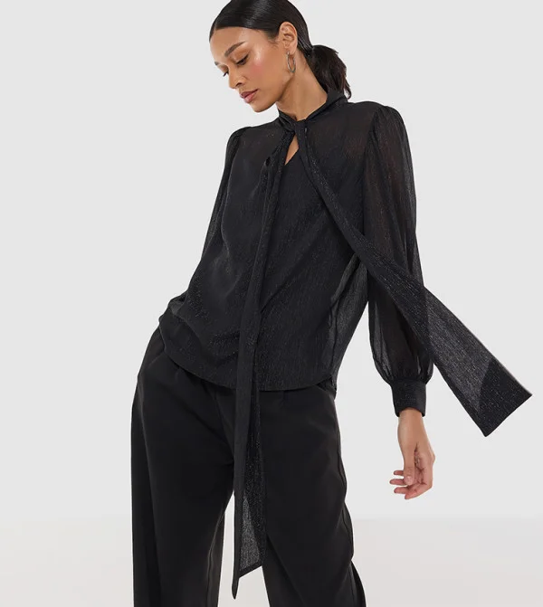 بي سي بي جي BCBG Sheer Pussybow Blouse With Lurex