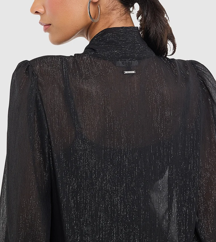 بي سي بي جي BCBG Sheer Pussybow Blouse With Lurex