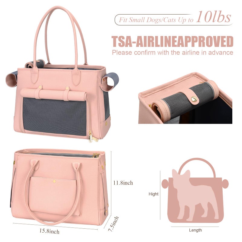 Minsong Fashion Pet Carrier Purse for Small Cat and Dog, Luxury Pu Soft-Sided Tote Bag with Large Pockets for Dogs and Puppies (Pink, 15.8" L x 7.5" W x 11.8" H) - Image 2