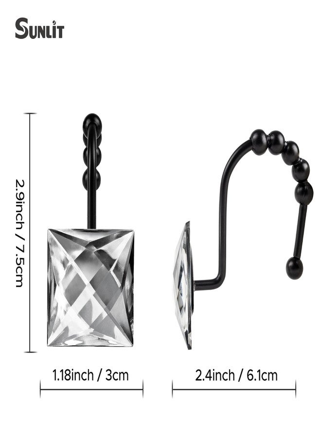 Sunlit Luxury Design Square Clear Diamond Crystal Gem Bling with Glide Balls Shower Curtain Hooks, Rust Proof Metal Rhinestones Glam Shower Curtain Rings with Black Hooks, Set of 12 - Image 4