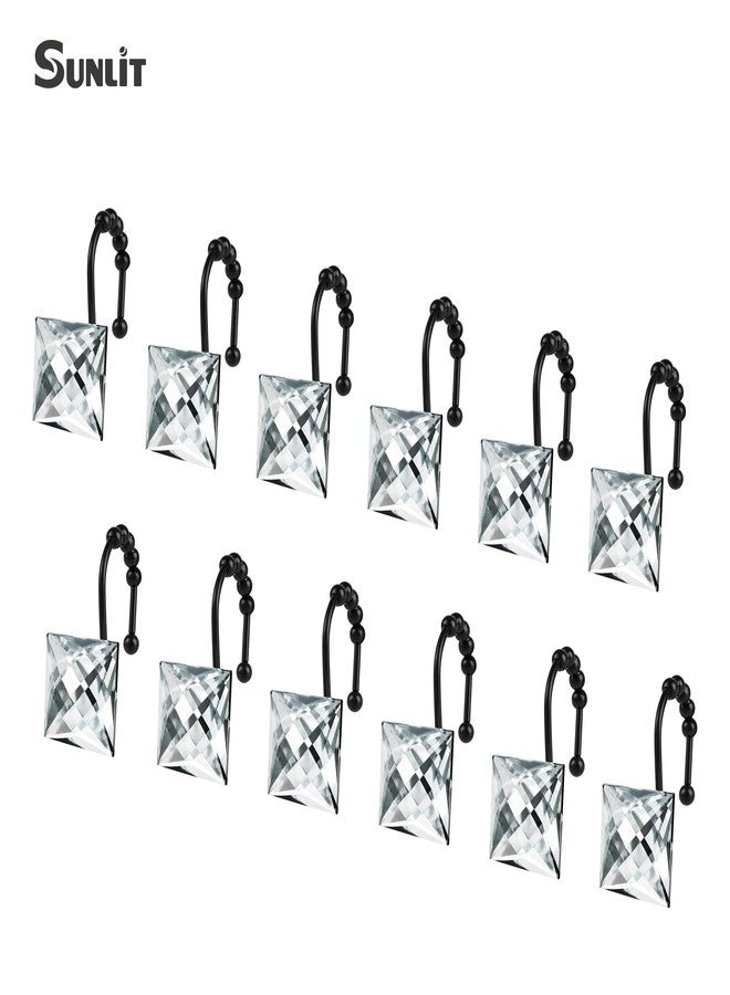 Sunlit Luxury Design Square Clear Diamond Crystal Gem Bling with Glide Balls Shower Curtain Hooks, Rust Proof Metal Rhinestones Glam Shower Curtain Rings with Black Hooks, Set of 12 - Image 3
