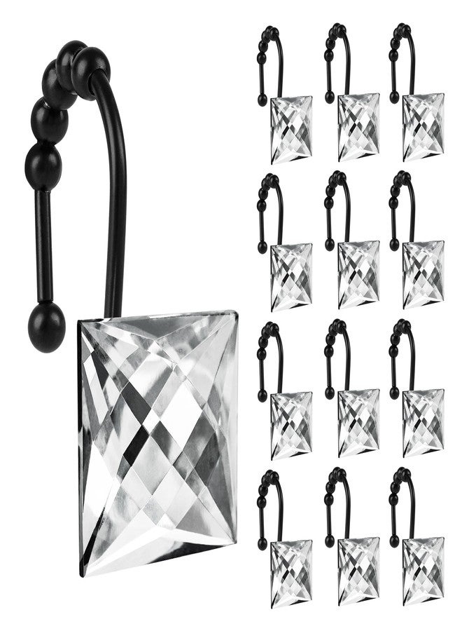 Sunlit Luxury Design Square Clear Diamond Crystal Gem Bling with Glide Balls Shower Curtain Hooks, Rust Proof Metal Rhinestones Glam Shower Curtain Rings with Black Hooks, Set of 12 - Image 1
