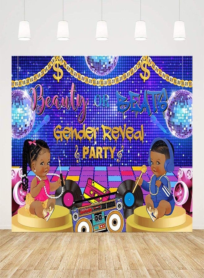SENDY 7x5ft Hiphop Gender Reveal Backdrop Boy Or Girl Beauty Or Beat Baby Shower Party Decorations Supplies Oldschool Music Retro Radio Disco Ball Banner Photography Background Cake Table Photo Props - Image 2