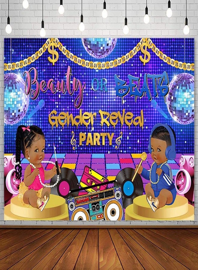 SENDY 7x5ft Hiphop Gender Reveal Backdrop Boy Or Girl Beauty Or Beat Baby Shower Party Decorations Supplies Oldschool Music Retro Radio Disco Ball Banner Photography Background Cake Table Photo Props - Image 1