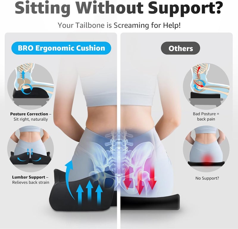 BRO Extra Large Coccyx Cushion - Ergonomic Memory Foam Seat Cushion for Tailbone Pain Relief - Image 3