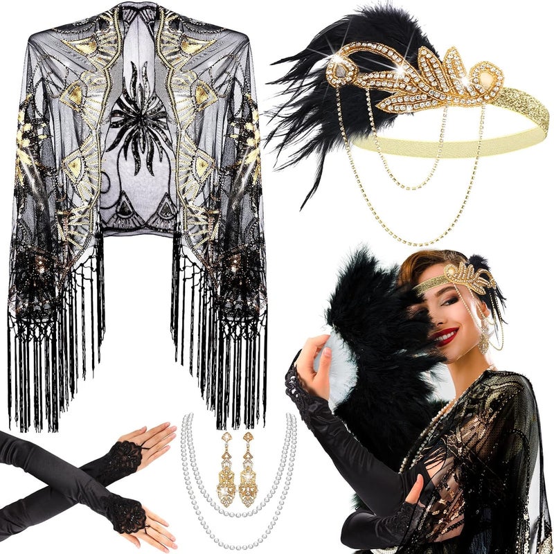 Excefore 1920s Accessories Set, Flapper Feather Headband Pearl Necklace Rhinestone Earrings Gloves Fringed Evening Cape Scarf 20s Accessories for Women Girls - Image 1