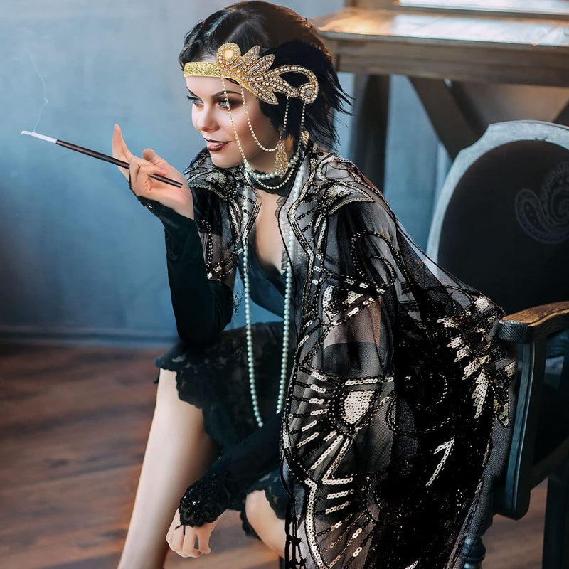 Excefore 1920s Accessories Set, Flapper Feather Headband Pearl Necklace Rhinestone Earrings Gloves Fringed Evening Cape Scarf 20s Accessories for Women Girls - Image 4