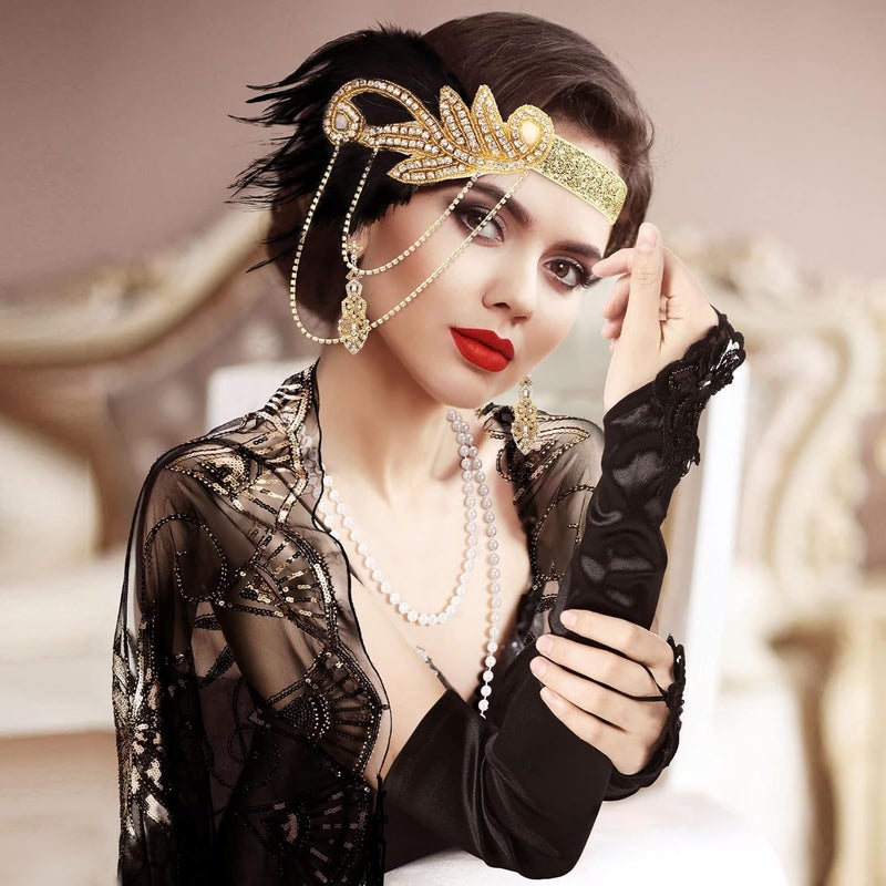 Excefore 1920s Accessories Set, Flapper Feather Headband Pearl Necklace Rhinestone Earrings Gloves Fringed Evening Cape Scarf 20s Accessories for Women Girls - Image 3