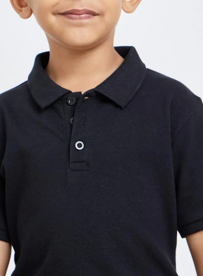 Styli Styli Boys Black Solid Cotton Polo T-Shirt