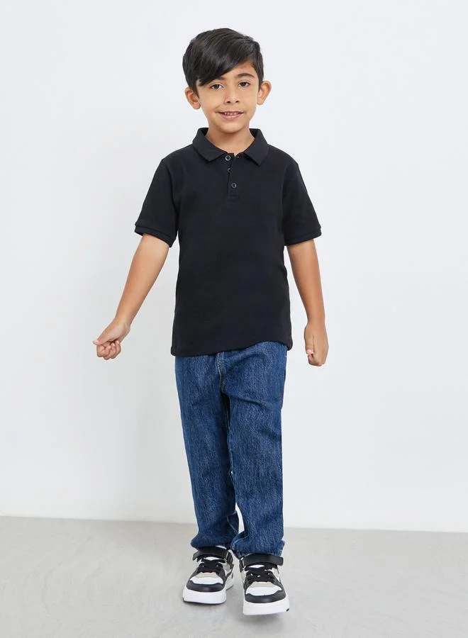 Styli Styli Boys Black Solid Cotton Polo T-Shirt