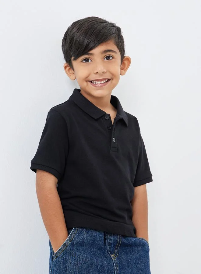 Styli Styli Boys Black Solid Cotton Polo T-Shirt