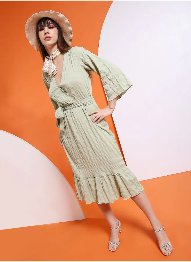 Freehand Women Fit and Flared Casual Solid Wrap Midi Dress