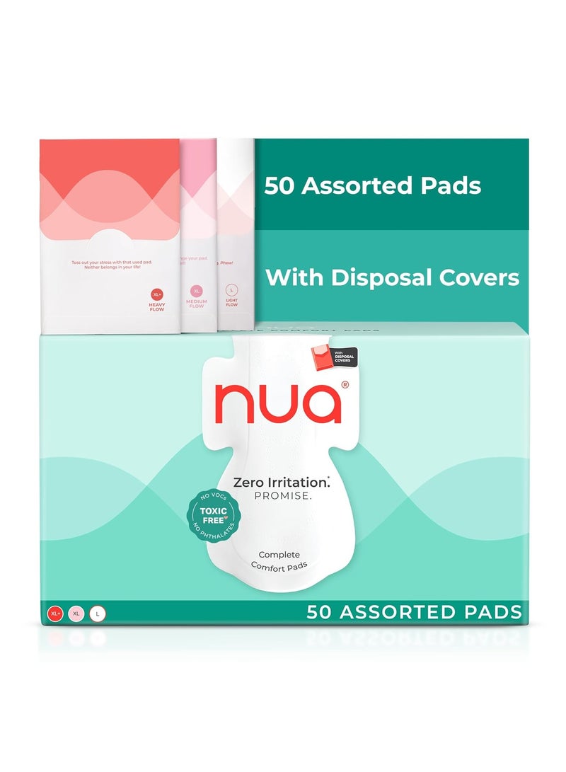Nua Ultra Safe 50 Sanitary Pads For Women | 3 sizes in 1: 12 Heavy Flow-XL+, 20 Medium-XL & 18 Light-L | Toxic-Free & Rash-Free | Unscented | Leakproof | With 50 Disposal Pouches| Bulk Pack - Image 1