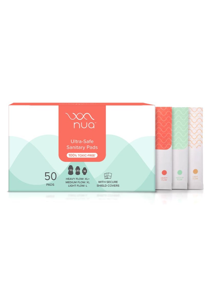 Nua - Nua Ultra Safe 50 Sanitary Pads For Women | 3 sizes in 1: 12 Heavy Flow-XL+, 20 Medium-XL & 18 Light-L | Toxic-Free & Rash-Free | Unscented | Leakproof | With 50 Disposal Pouches| Bulk Pack - Image 1